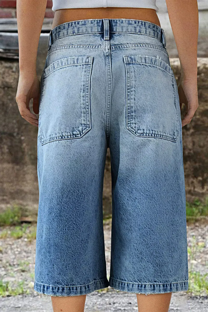 Ripped Mid Waist Straight Leg Capri Jeans
