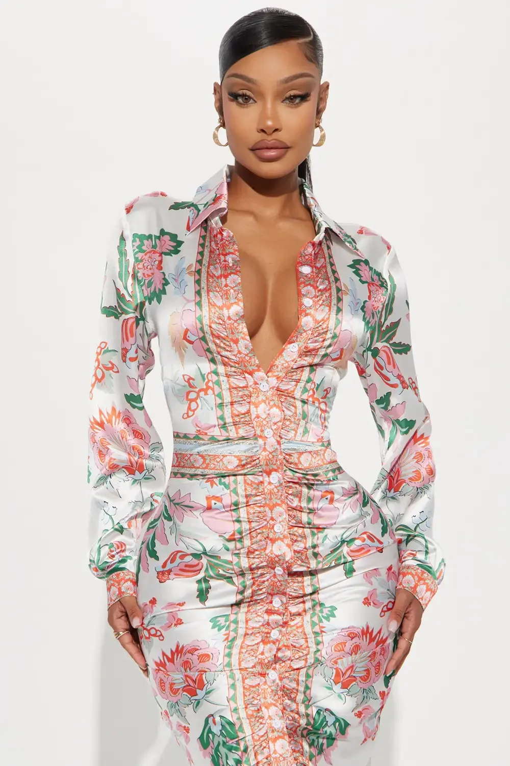 Becoming Richer Satin Shirt Dress - Brown Combo