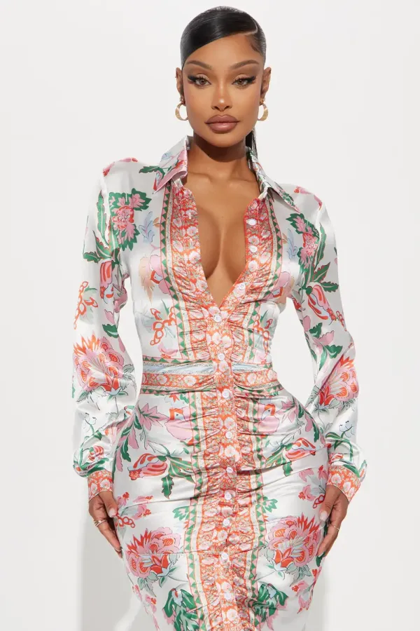 Becoming Richer Satin Shirt Dress - Brown Combo