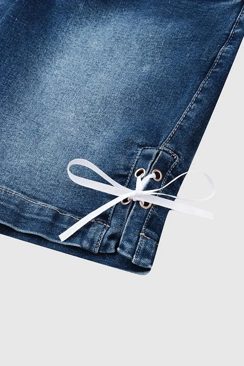 Button Fly Lace Up Side Mid Thigh Denim Shorts