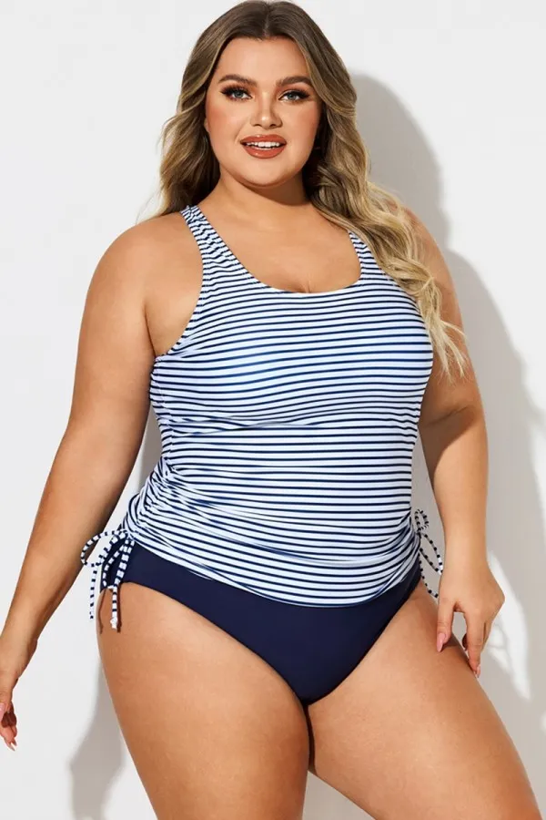 Plus Size Stripe Built-In Bra Racerback Tankini Top
