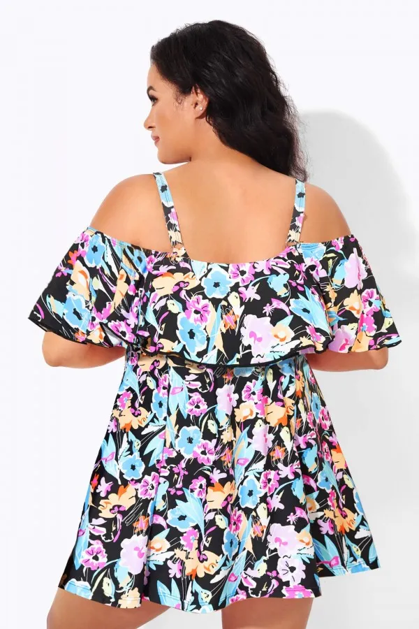 Solid Black Adjustable Straps Women Swimdress