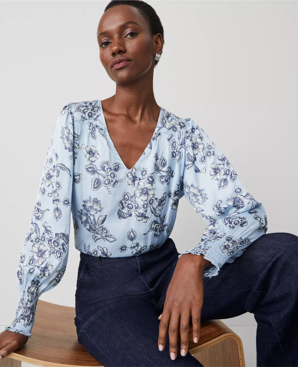 Toile Smocked Ruffle Blouse