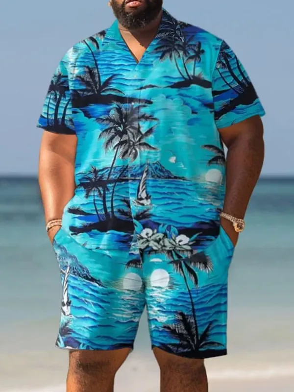 Big Guys Hawaiian Seaside Coconut Tree Print Shirt Shorts Set