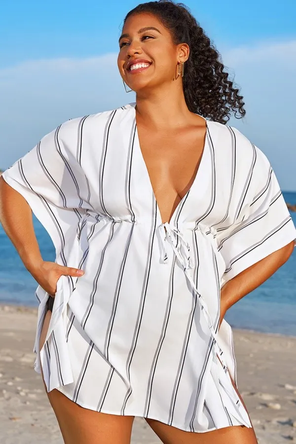 V-Neck Loose Retro Striped Drawstring Cover Up
