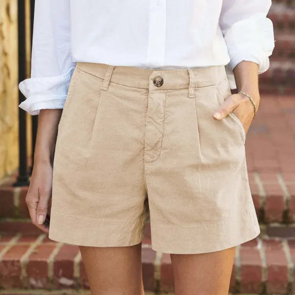 Casual Solid Color Cotton And Linen Button Down Shorts