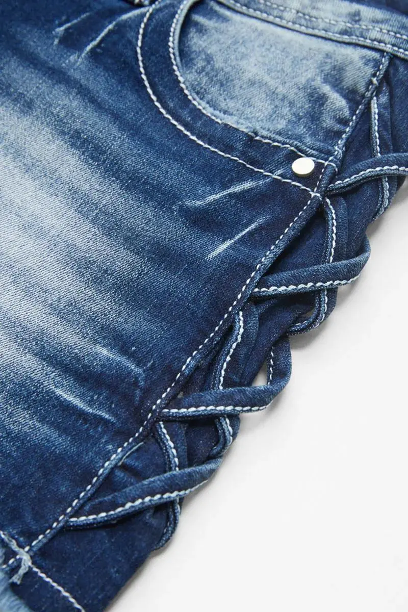 Criss Cross Raw Hem Low Waist Denim Shorts