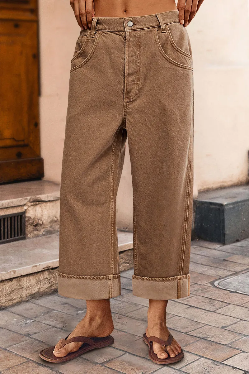 Seam Side Layered Pocket Roll Hem Mid Rise Wide Leg Pants