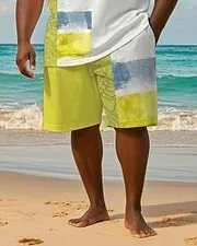Big & Tall Men's Teal Striped Alphabet Print Round Neck T-Shirt and Shorts Suit