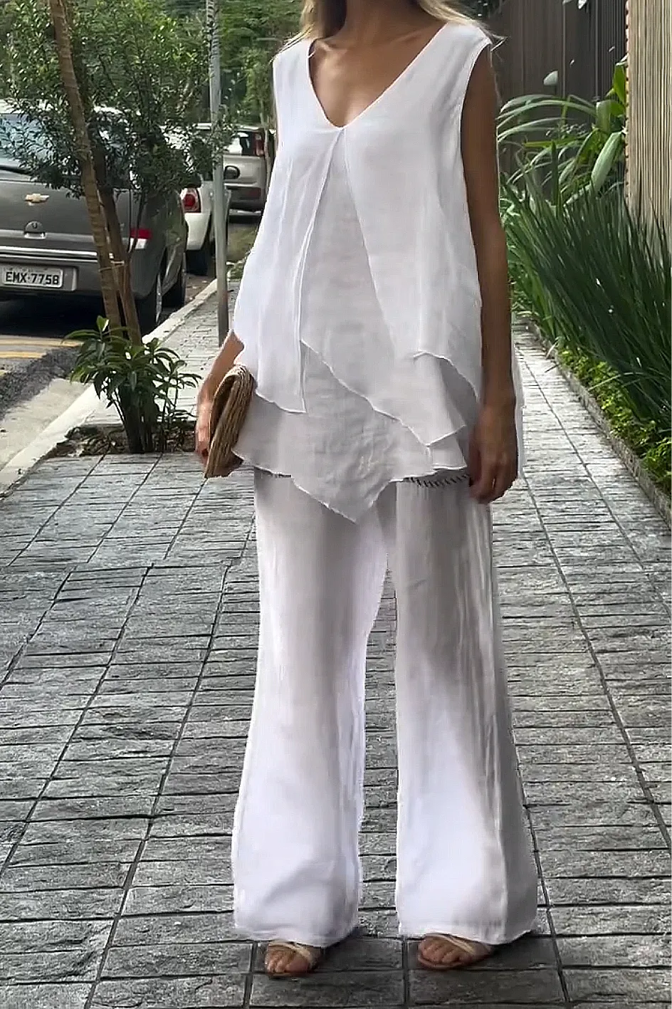 Women'S Solid Color Cotton And Linen Casual Top And Pants Two-Piece Set