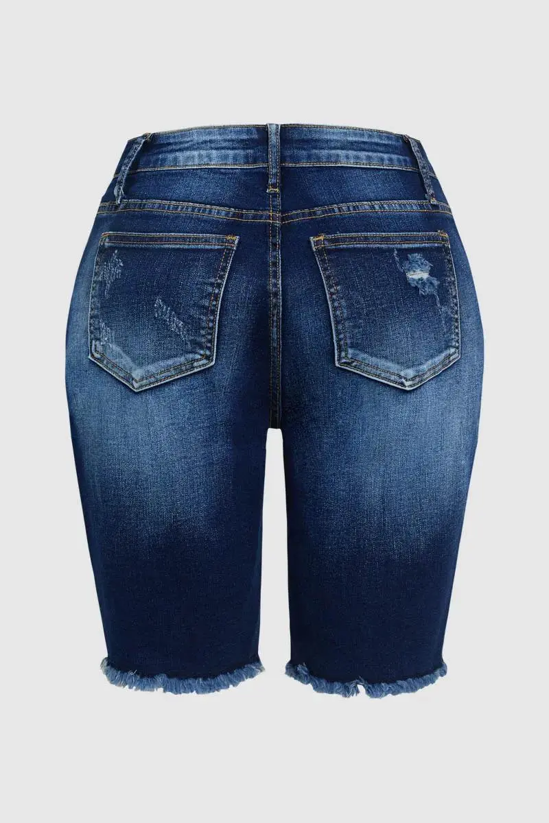 Ripped Raw Hem Mid Waist Denim Mid Thigh Shorts