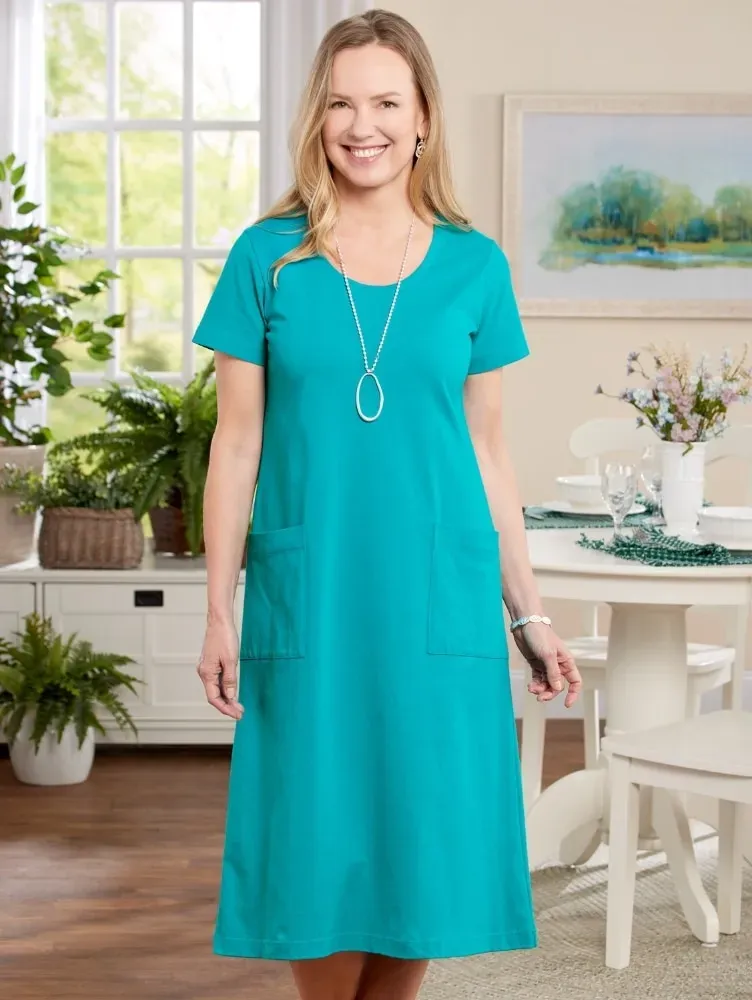 M.MAC Solid Cotton Knit Mid-Length Dress With Pockets