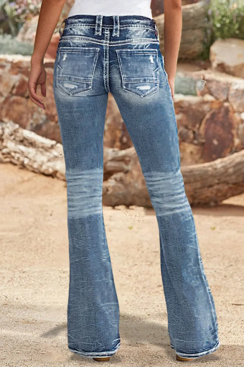 Wash Stretchy Ripped Detail Mid Waist Flare Jeans