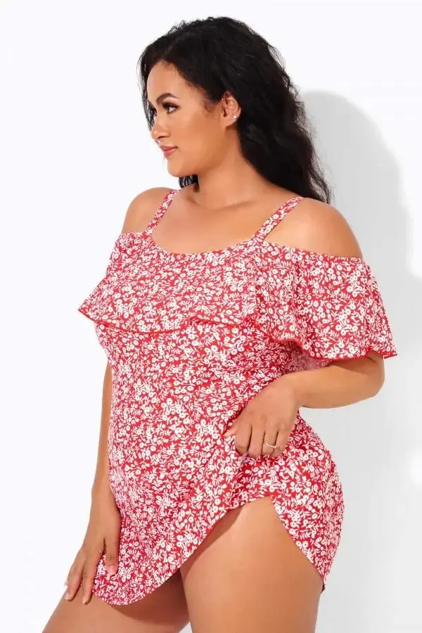 Floral Ruffle Cold Shoulder Women Swimdress