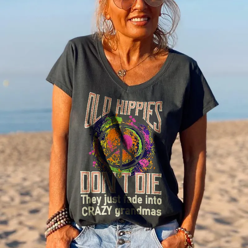 V-neck Old Hippies Don't Die Printed Graphic Tees