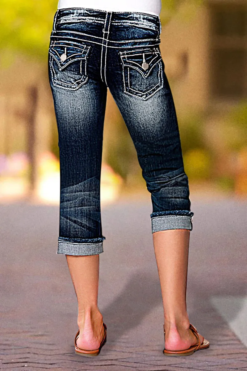 Pocket Detail Roll Hem Mid Waist Capri Jeans