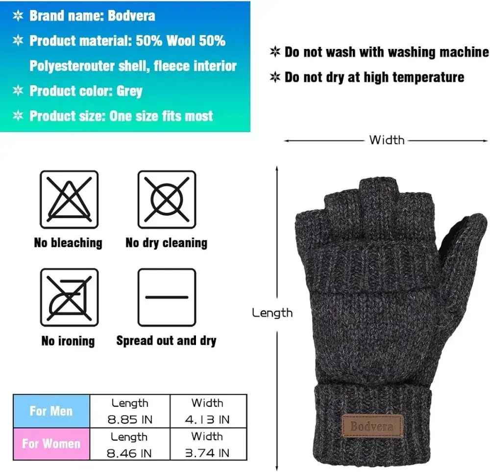 Bodvera Thermal Insulation Fingerless Texting Wool Gloves for Women and Men Winter Warm Knitted Convertible Mittens Flap