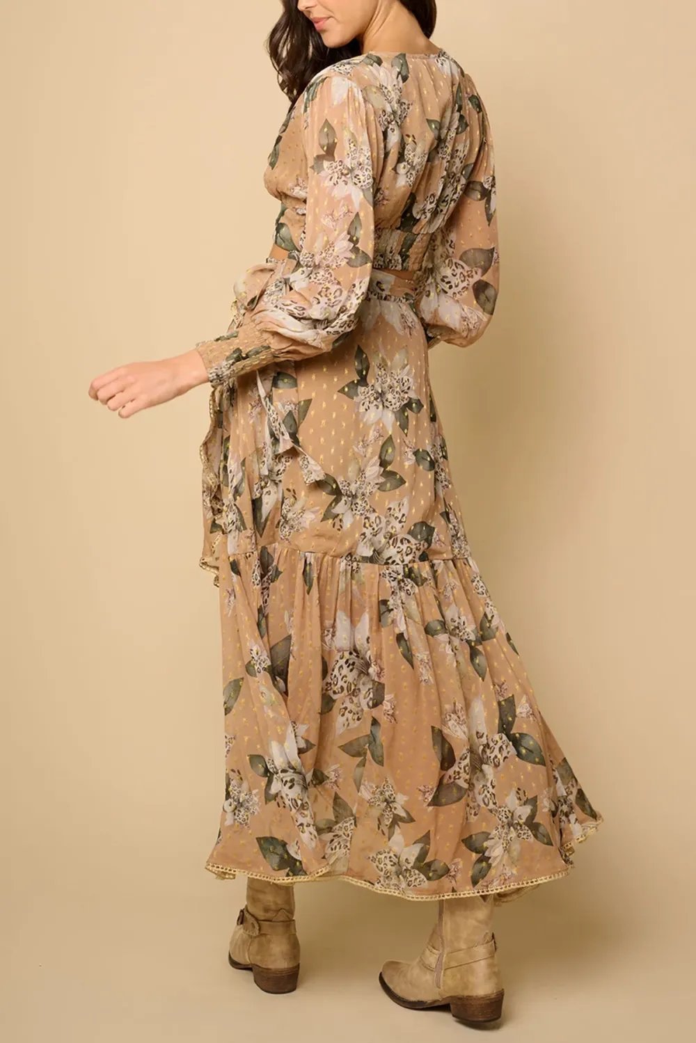 Tan And Brown Botanical Print Maxi Skirt
