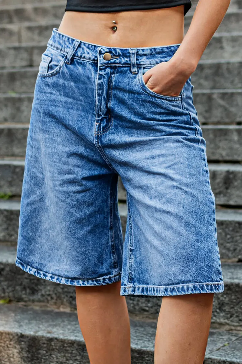 Wash Mid Rise Wide Leg Denim Bermuda Shorts