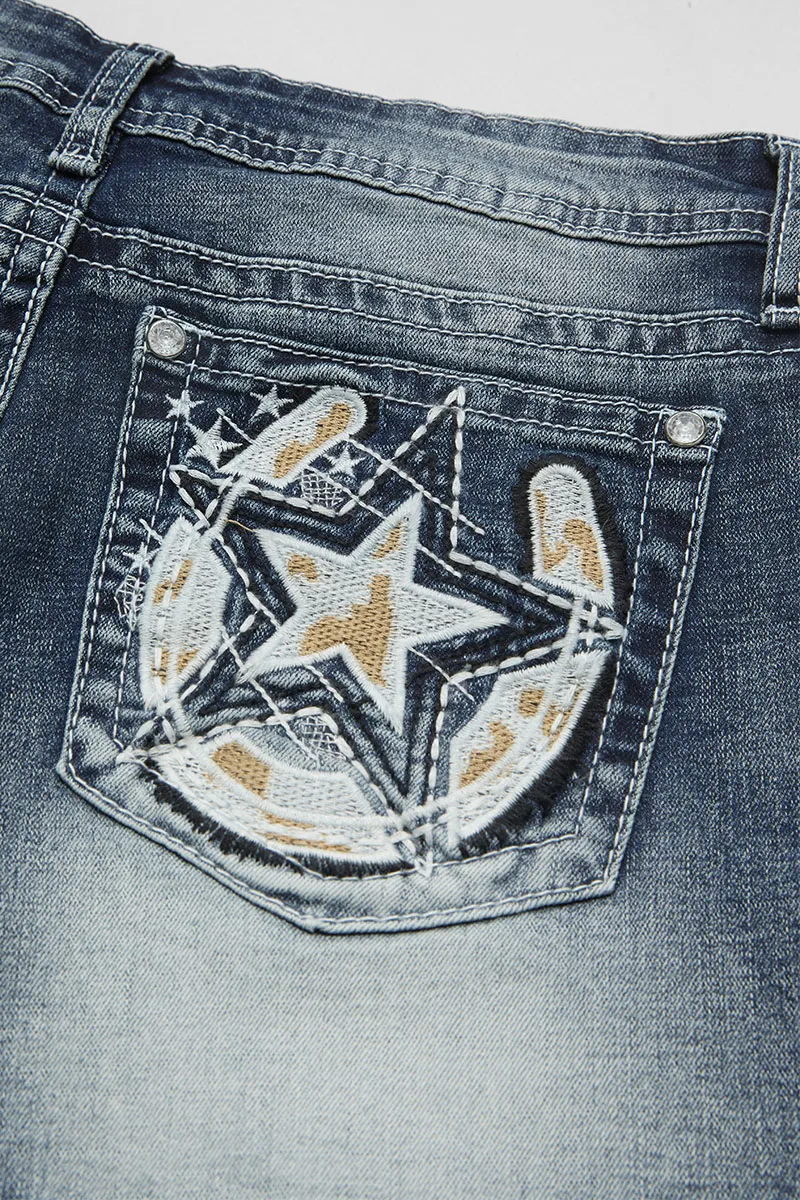 Star Embroidery Stitch Detail Mid Waist Denim Shorts