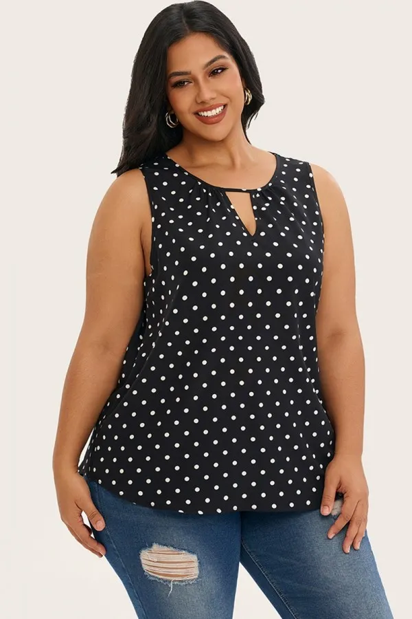 Polka Dot Print Hollow Out Sleeveless Blouse
