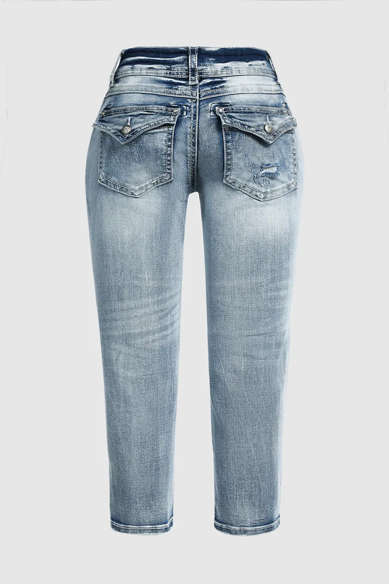 Wash Stretchy Ripped Flap Decor Low Waist Crop Jeans