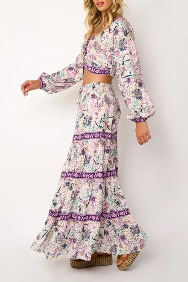 Purple And White Floral Print Split Maxi Skirt