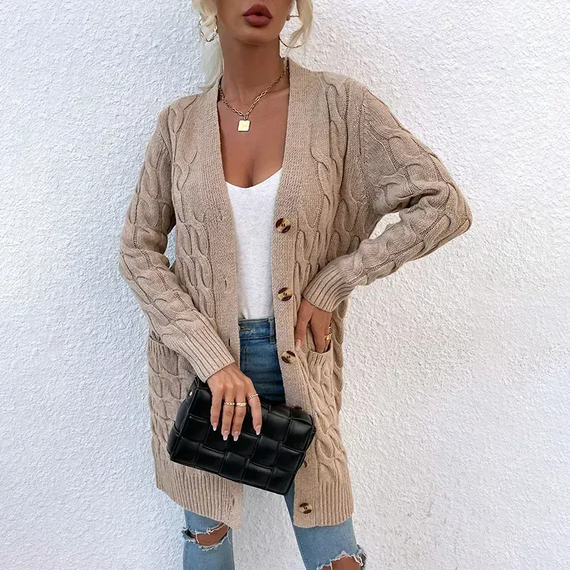 New long coat twist rope solid color cardigan sweater