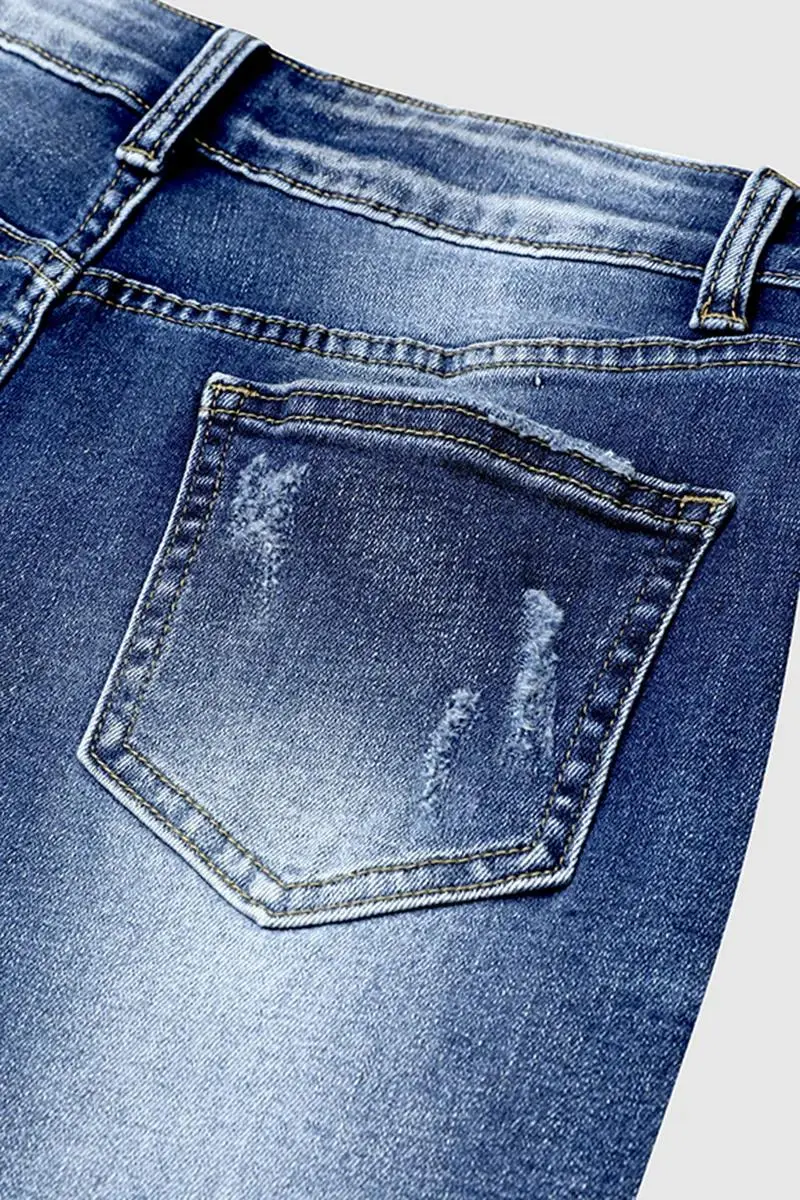 Ripped Roll Hem Mid Rise Denim Bermuda Shorts