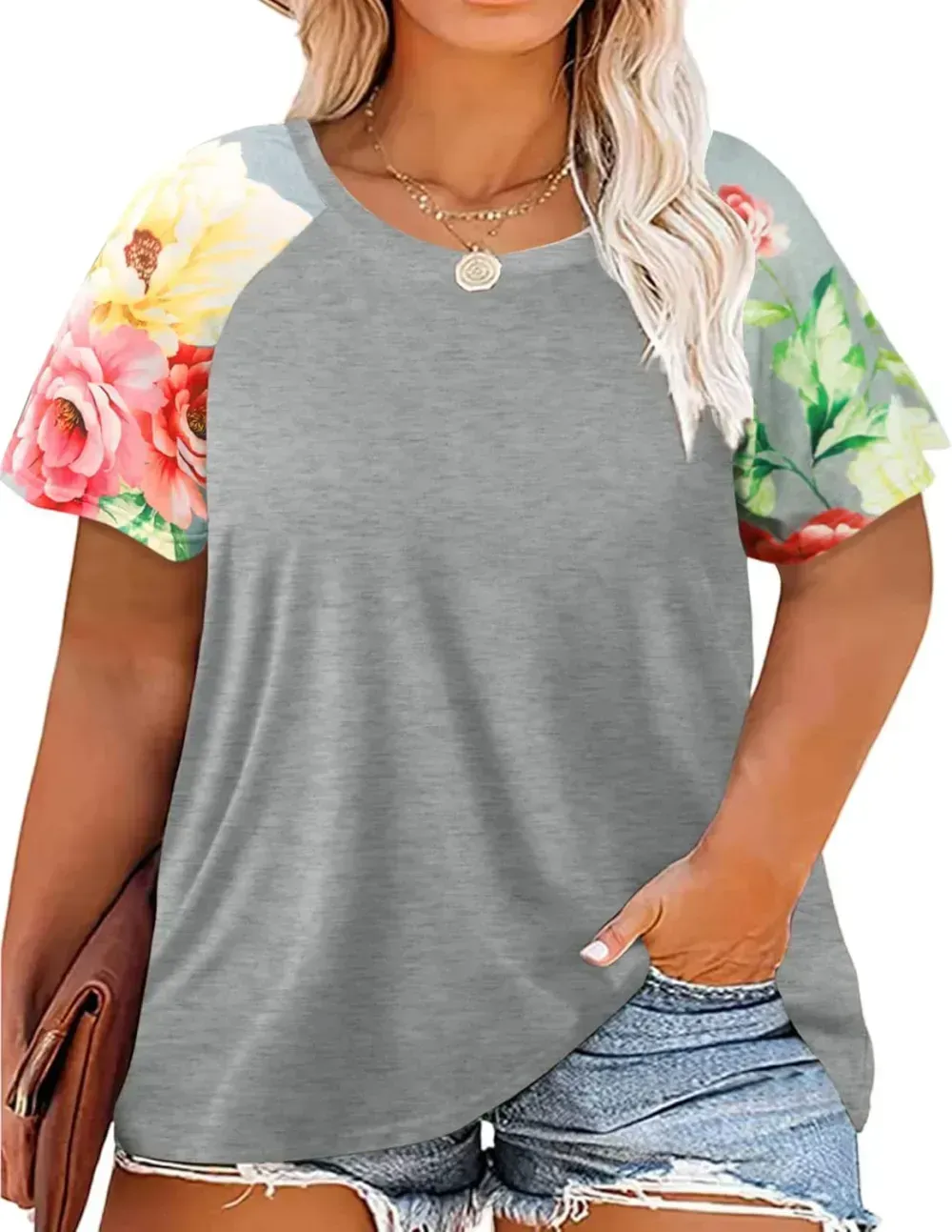 HDLTE Womens Plus Size Tops Floral Bell Sleeves Blouses Summer Crewneck Tunic Loose Casual T Shirts