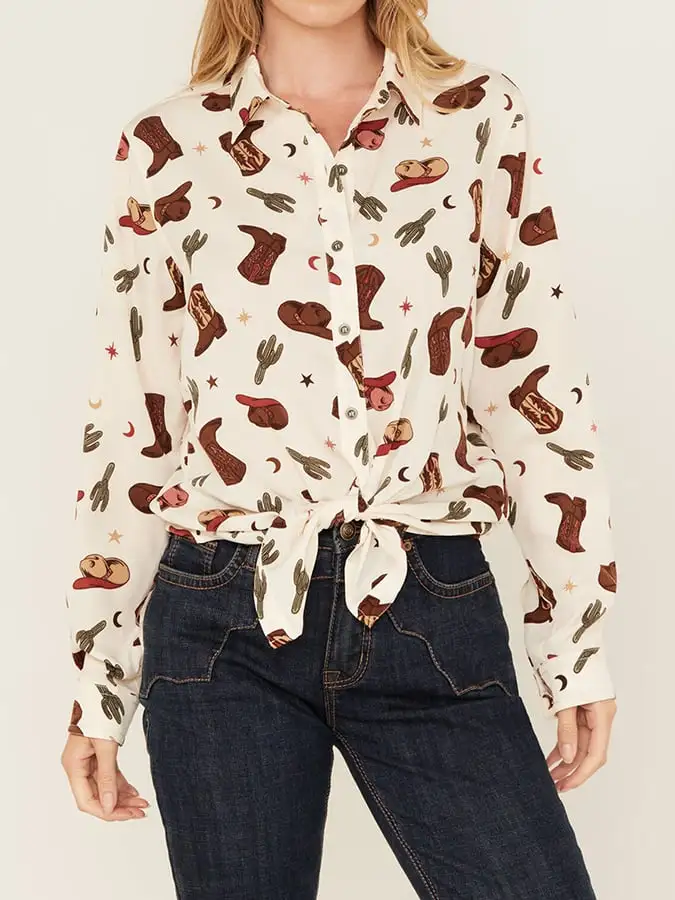 Women's Vintage Western Print Long Sleeve Shirt