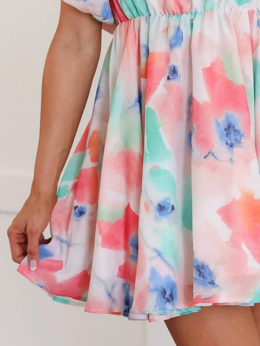 Watercolor Pattern Bubble Sleeve Dress
