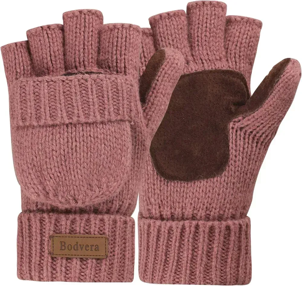 Bodvera Thermal Insulation Fingerless Texting Wool Gloves for Women and Men Winter Warm Knitted Convertible Mittens Flap