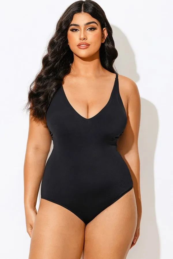 Black Strap Plungey Sculpting One Piece Swimsuit