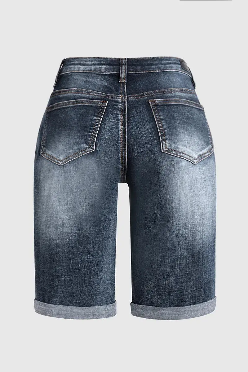 Ripped Rolled Hem Denim Bermuda Shorts Without Belt