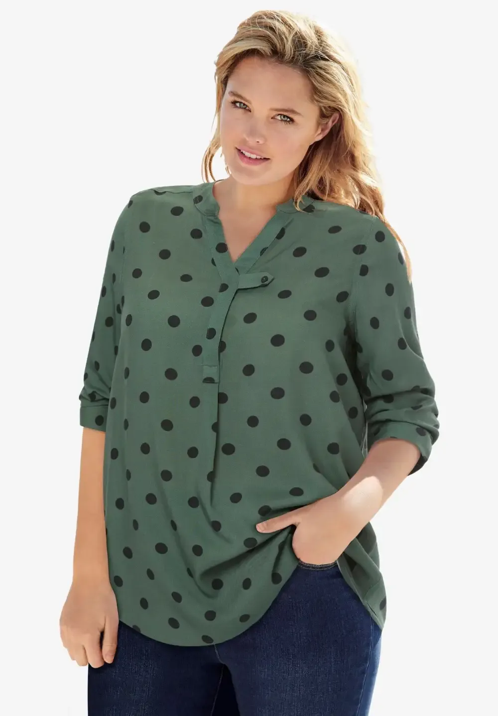 Rayon 7-Day Three-Quarter Sleeve Tab-Front Tunic