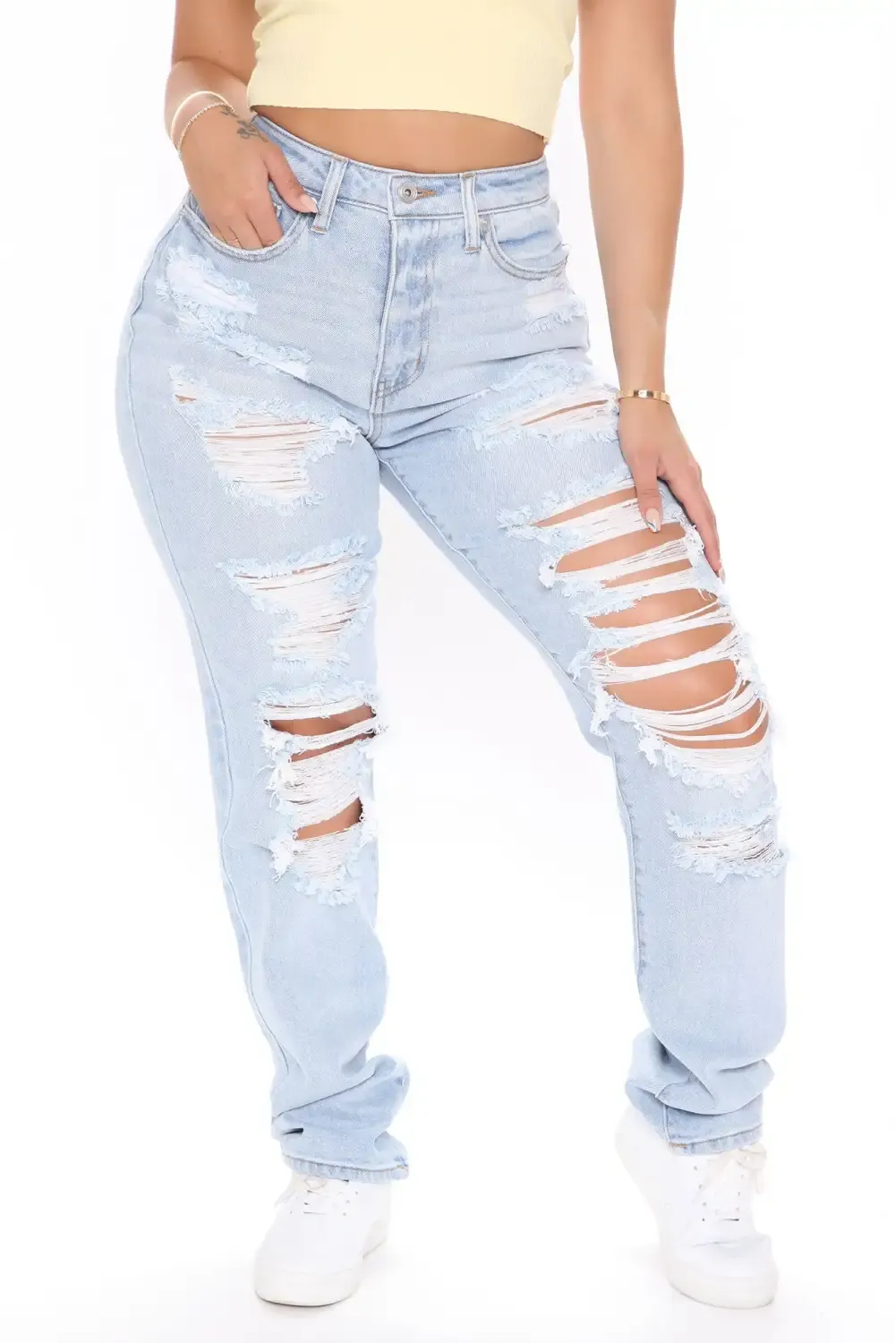 Favorite Getaway Destroyed Straight Leg Jeans - Light Blue Wash