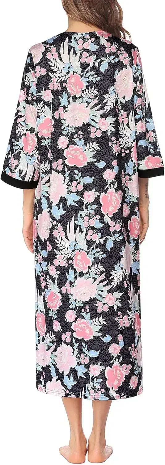 Women Zipper Robe 3/4 Sleeves Loungewear Dress Full Length Sleepwear Pockets Housecoat Nightgown Long Bathrobe