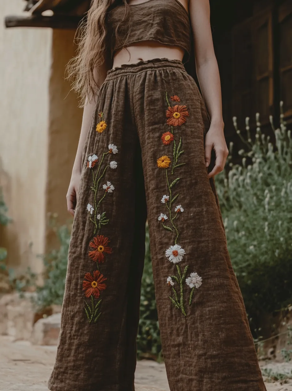 Women's Retro Linen Floral Boho Loose Wide-leg Trouser Pants