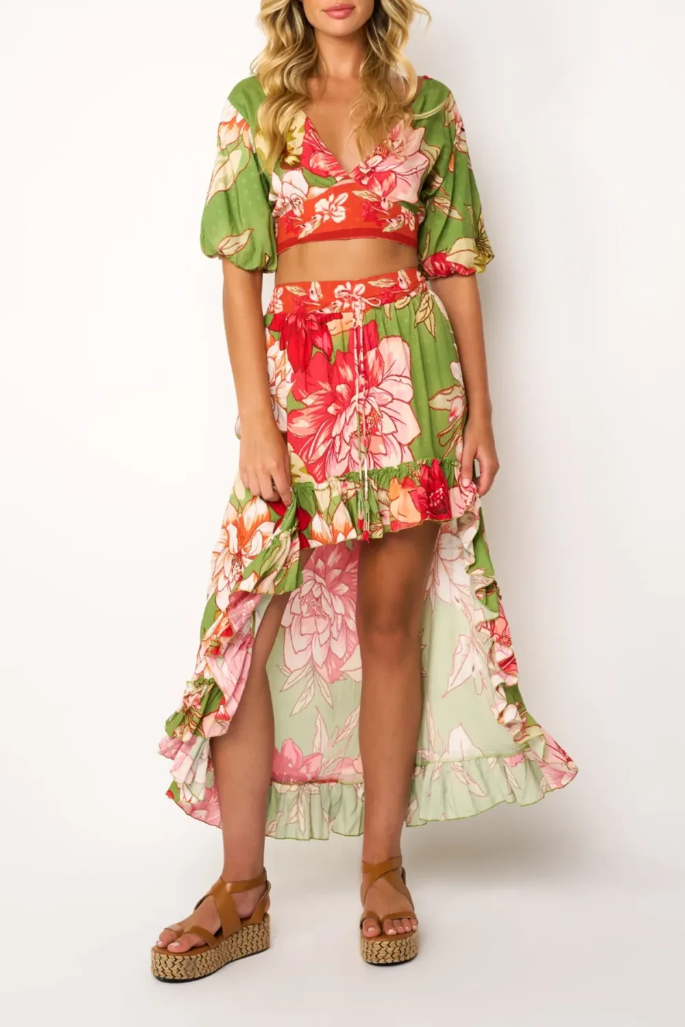 Green And Red Floral Print Asymmetrical Maxi Skirt