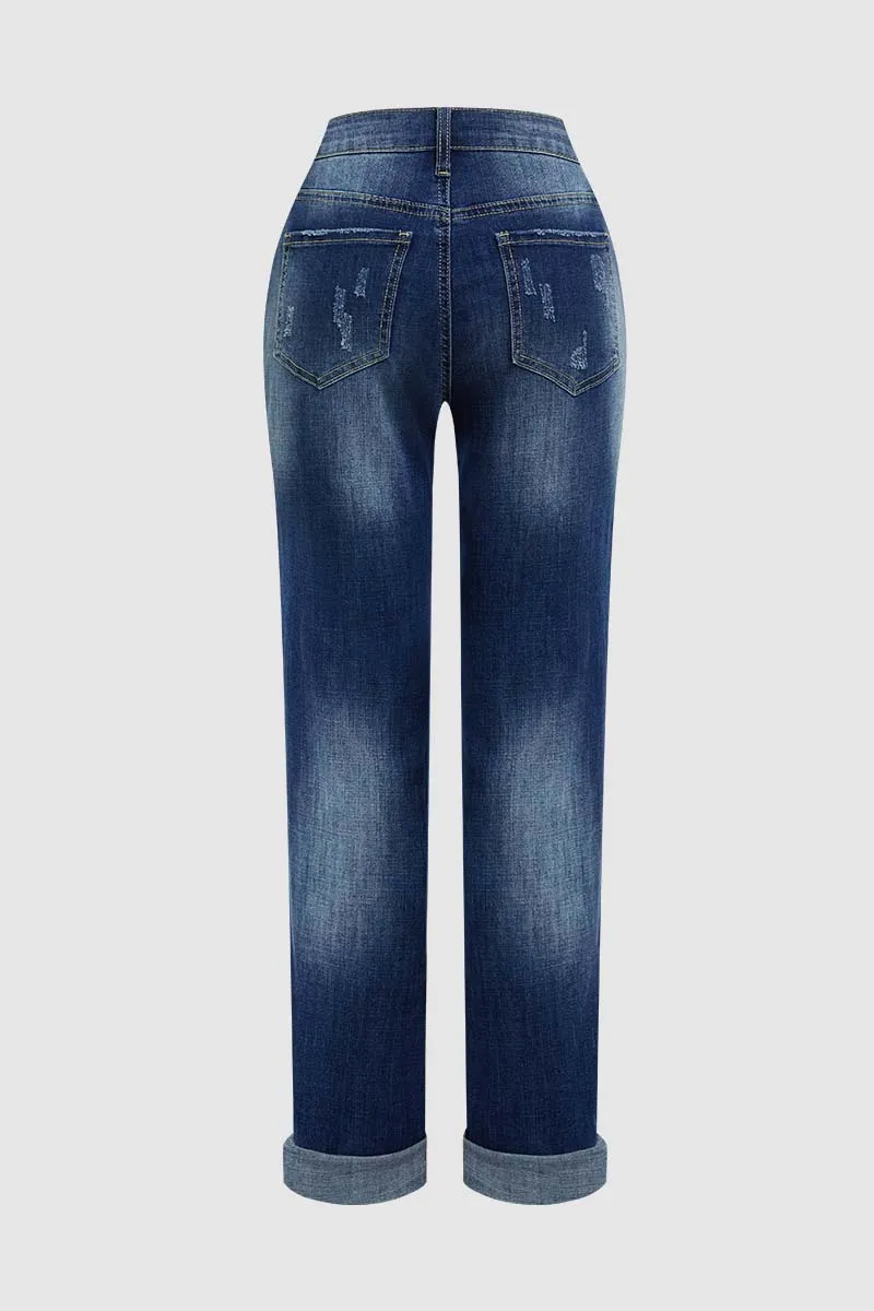 Cut Out Roll Hem High Waist Straight Leg Jeans