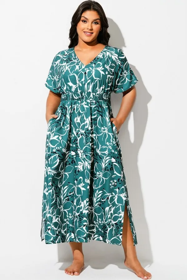 Green V-Neck Sleeves Maxi Cover Up Dress