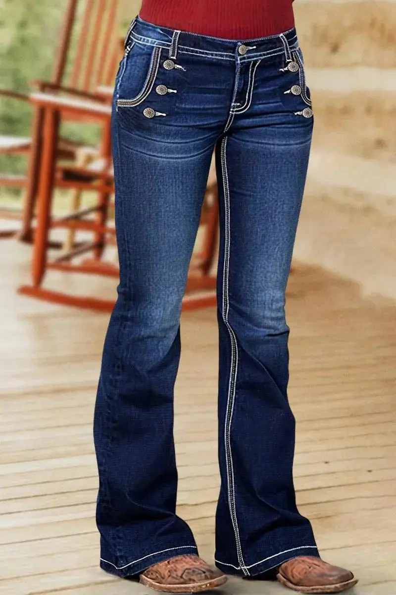 Wash Stitch Detail Double Breasted Mid Rise Bootcut Jeans