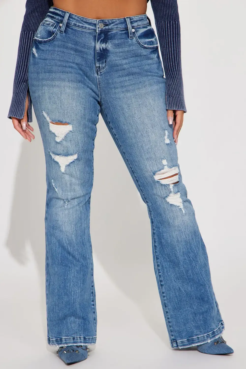 Marley Ripped Compression Flare Jeans - Medium Wash