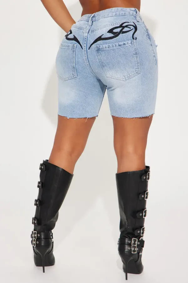 She's Bad Tattoo Embroidered Denim Bermuda Shorts - Light Wash