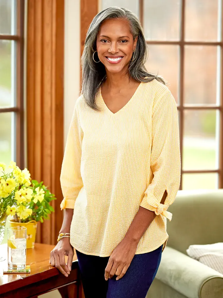 Seersucker Tunic Top With Tie Cuffs