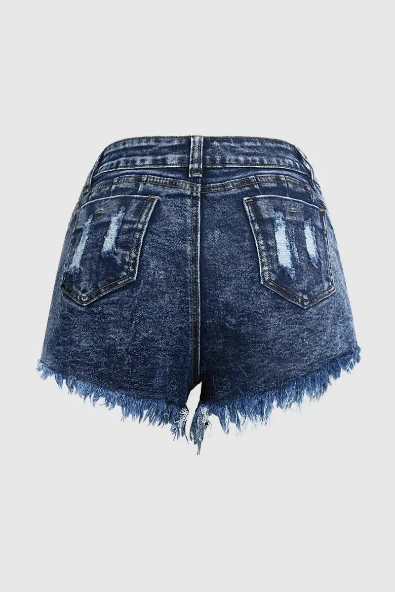 Wash Raw Hem Ripped High Rise Denim Shorts