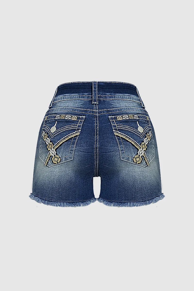 Embroidery Flap Detail Raw Hem Mid Rise Denim Shorts