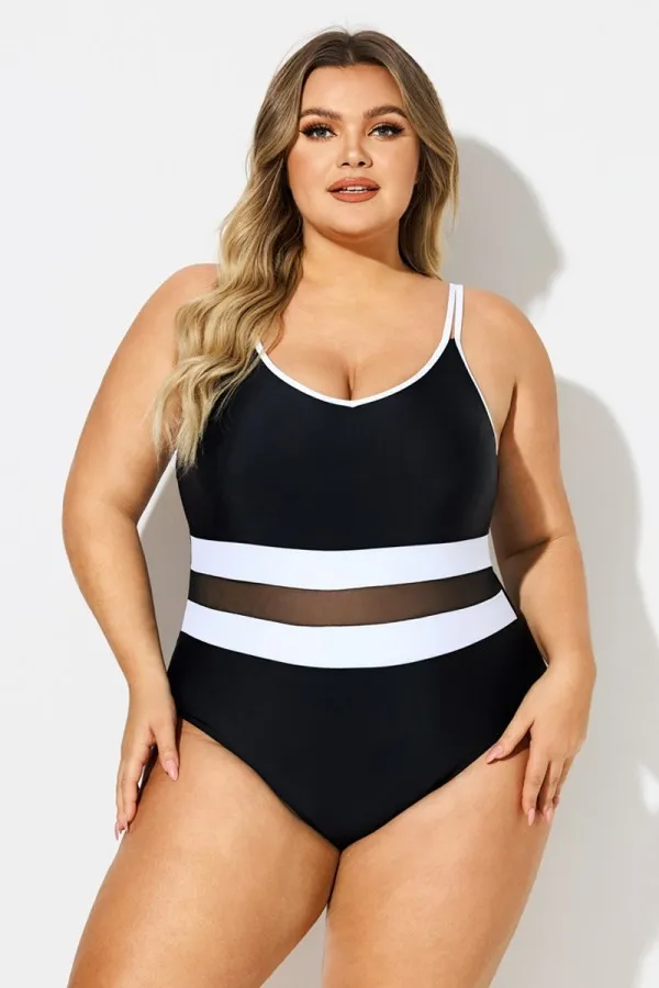 Plus Size Black & White Mesh One Piece Swimsuit