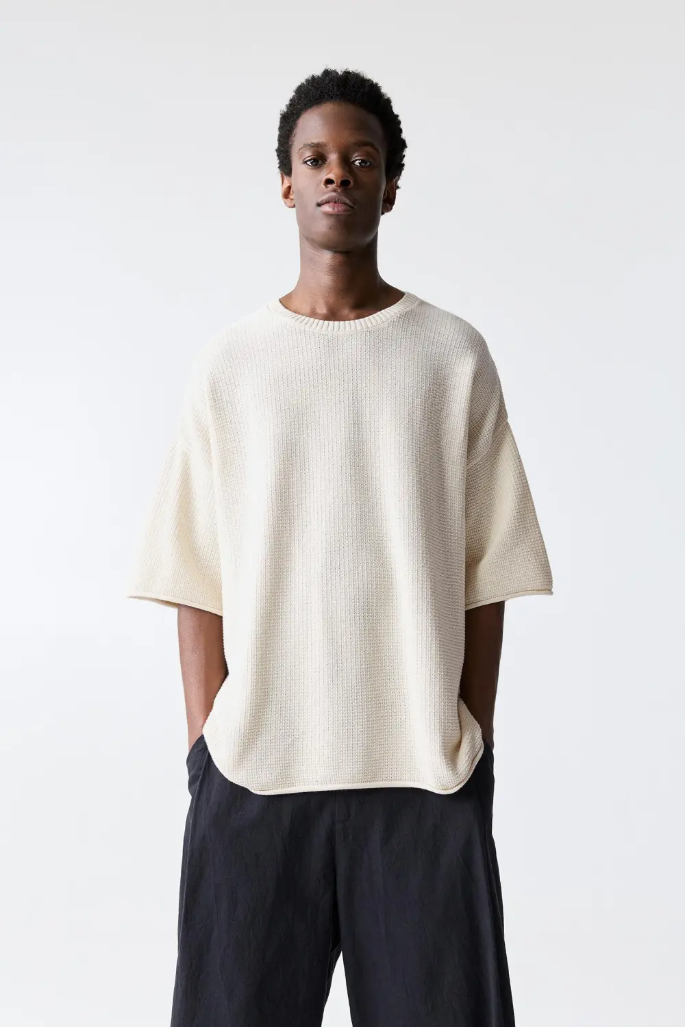 Waffle-knit boxy-fit T-shirt